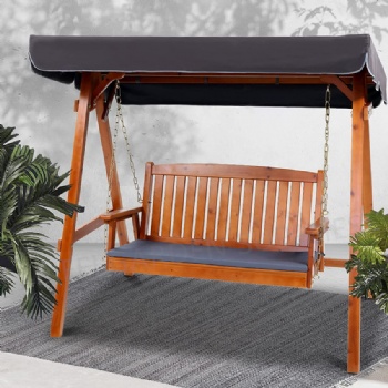 3 Seats Wooden Swing with Cushion and Canopy