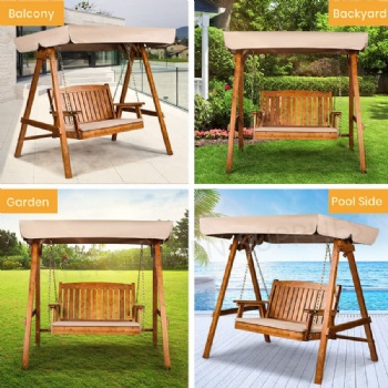 2 seats Wooden Swing with Cushion and Canopy